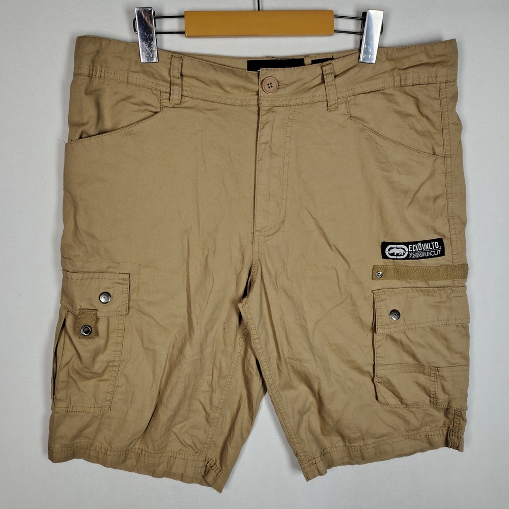 Ecko Unltd Cargo Shorts Khaki Tan Raw Uncut Rhino Logo Size 34 Mens Streetwear
